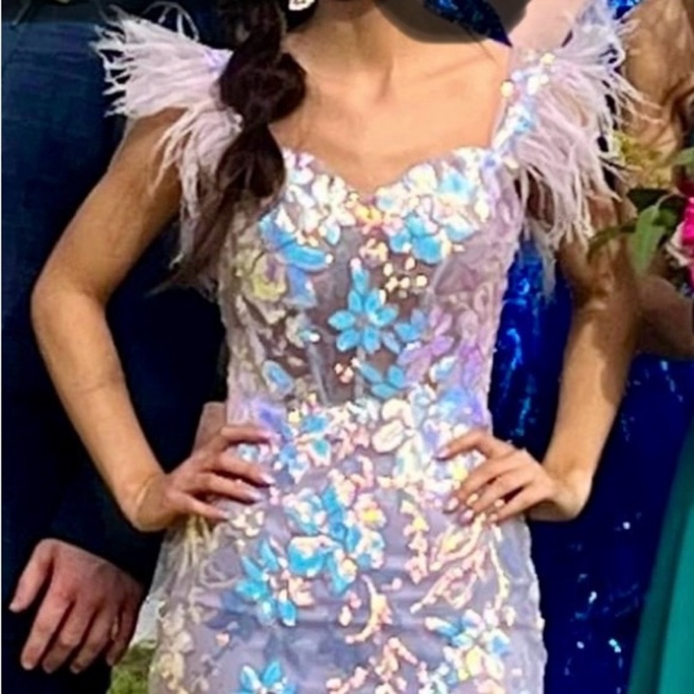 Size 0 Ellie Wilde pink irresescent prom dress